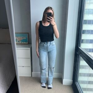 Aritzia Blue Straight Leg Jeans with Distressed Details